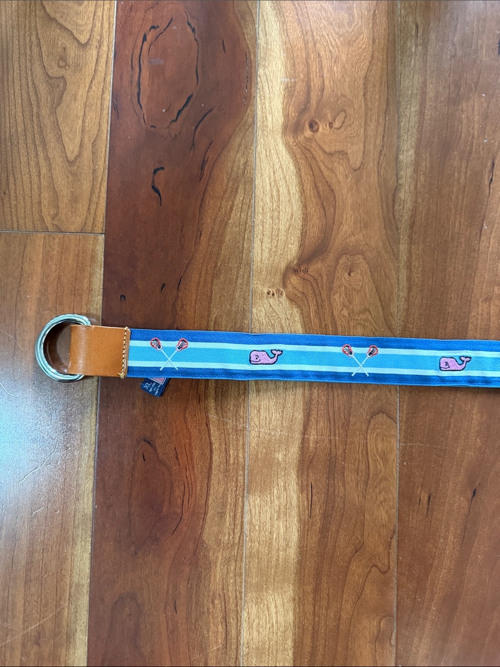 Kids Blue Whale & Lacrosse Pattern Belt with Tan Leather Trim - Vineyard Vines